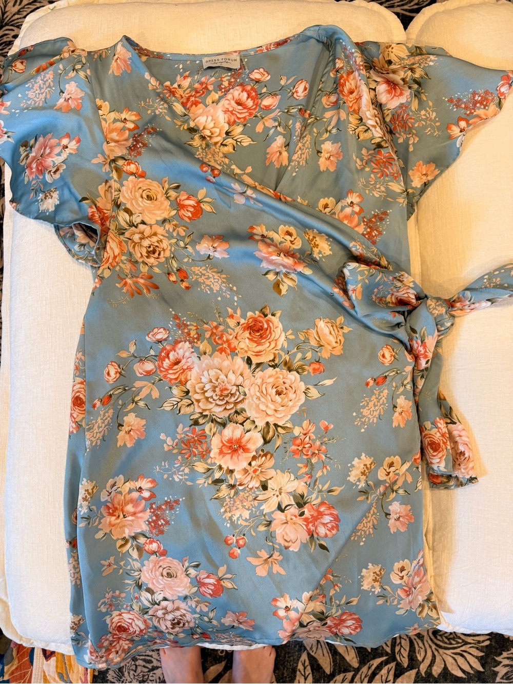 Dress Forum Blue Floral Wrap Mini Dress with Pink & Peach Blooms